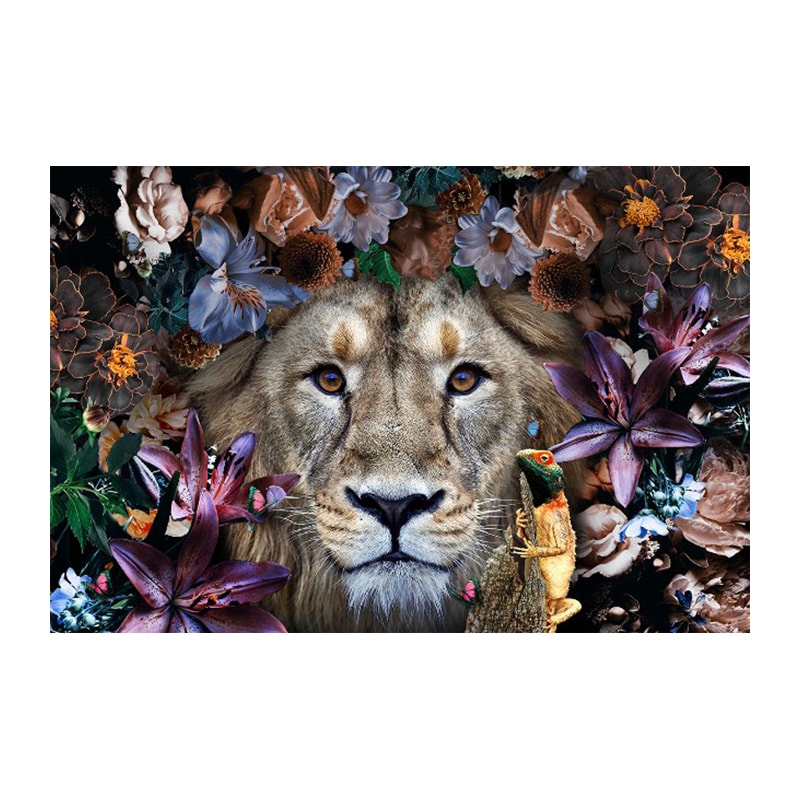 Glasschilderij - Leeuwen Portret met Bloemen - 80 x 120 cm