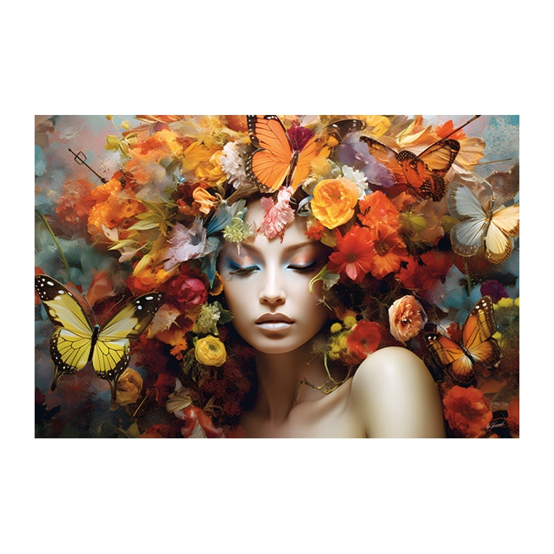 Glasschilderij - Vrouw met Vlinders - 110 x 160 cm