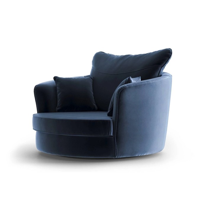 Haluta draaifauteuil in donkerblauwe fluwelen stof met ronde vormen en losse kussens 1.jpg