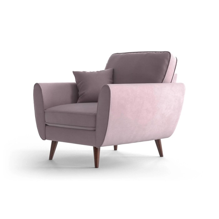 Haluta fauteuil in lichtroze stof met ronde armleuningen, houten poten en sierkussen 1.jpg