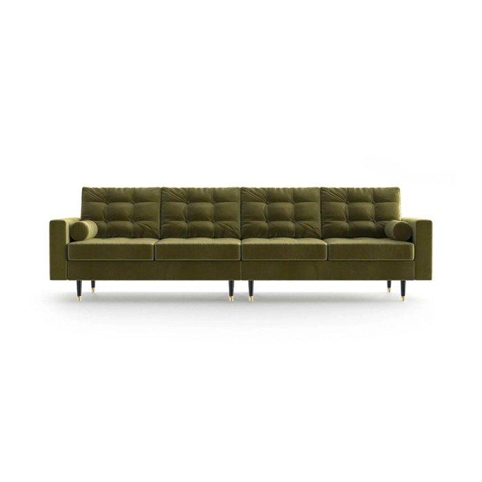 Haluta 3-zits bank in olijfgroen fluweel met gecapitonneerde rugleuning en slanke metalen poten.jpg