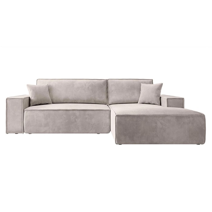 Haluta hoekbank in lichtgrijze ribstof met chaise longue en losse kussens.jpg