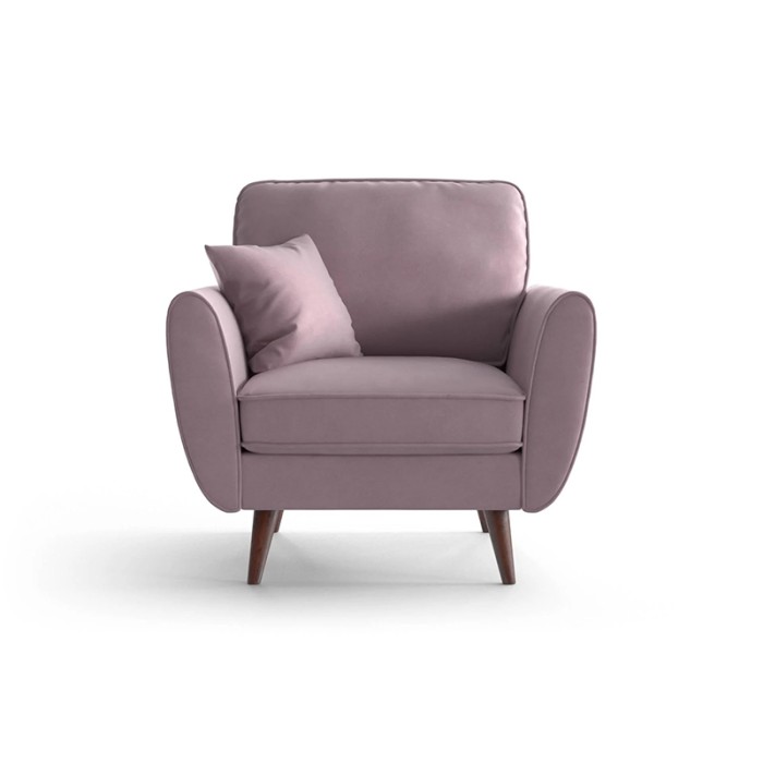 Haluta fauteuil in lichtroze stof met ronde armleuningen, houten poten en sierkussen.jpg