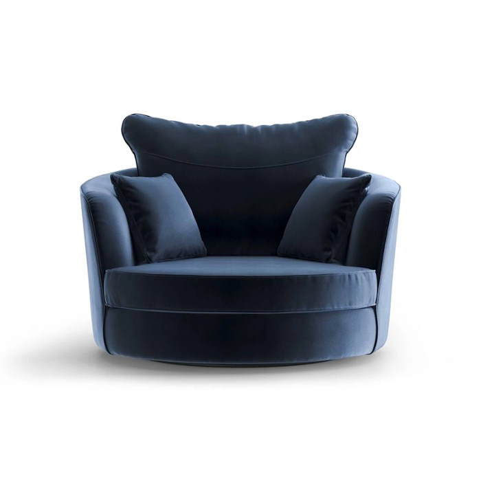 Haluta draaifauteuil in donkerblauwe fluwelen stof met ronde vormen en losse kussens.jpg