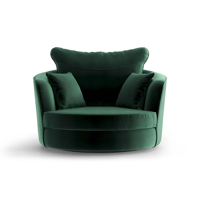 Haluta fauteuil in donkergroen fluweel met ronde vormen, hoge rugleuning, zachte zit en bijpassende sierkussens.jpg