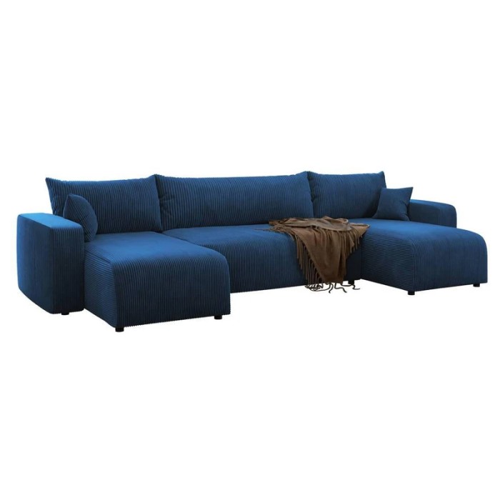 Haluta hoekbank in diepe blauwe ribstof met brede zitvlakken, lange chaise longue en inbegrepen kussens..jpg